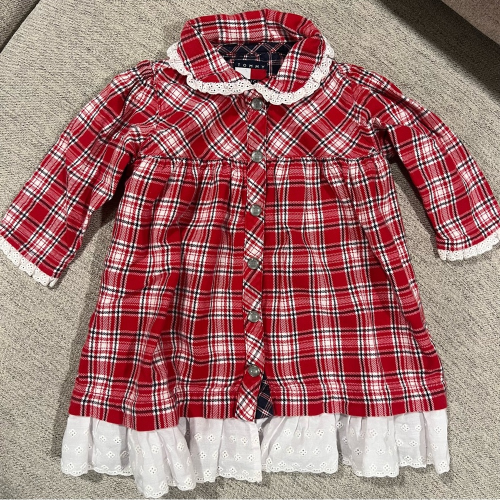 Tommy Hilfiger Red Plaid Holiday Baby Dress Lace Trim